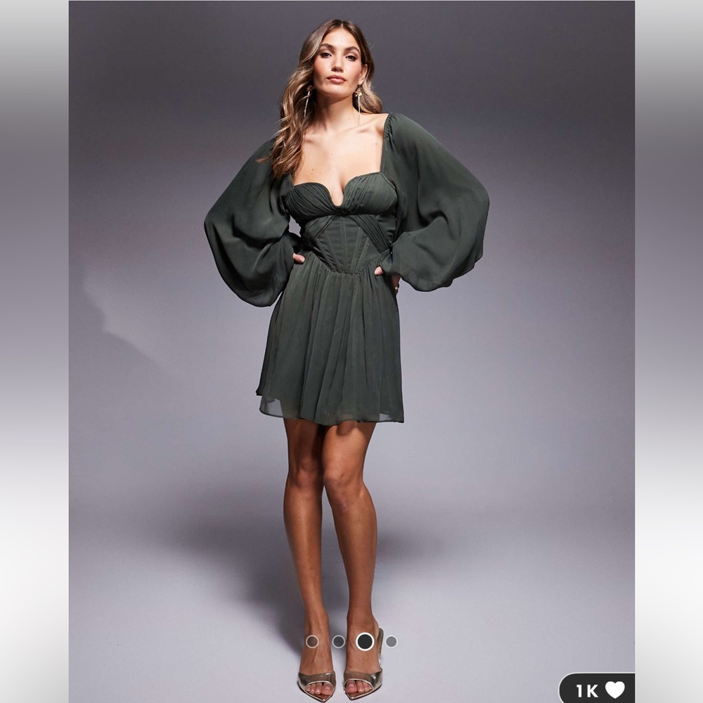 ASOS DESIGN blouson sleeve corset detail skater mini dress in dark olive